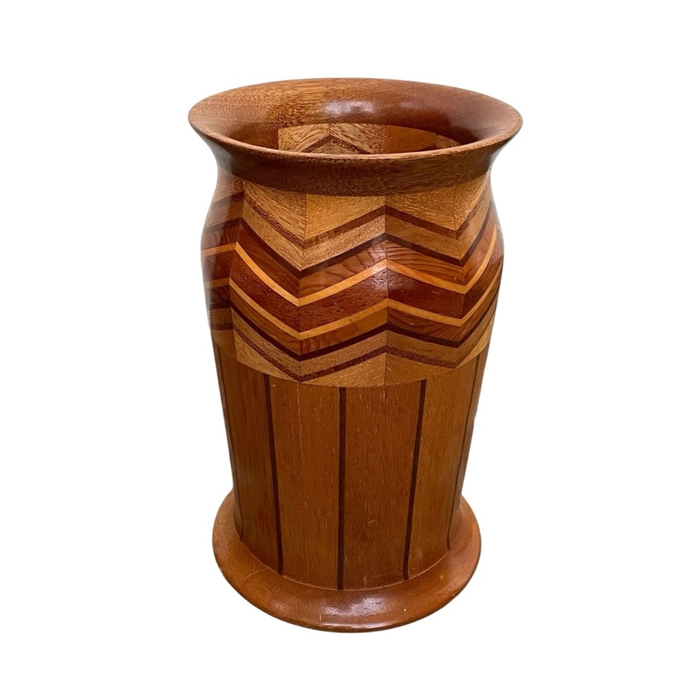 Vintage MCM Wooden Segmented Vase Chevron Pattern